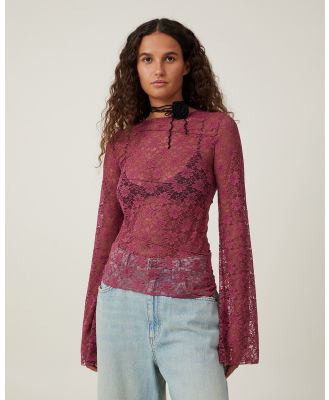 Cotton On - Shae Spliced Lace Long Sleeve Top Burgundy - Tops (BURGUNDY) Shae Spliced Lace Long Sleeve Top Burgundy