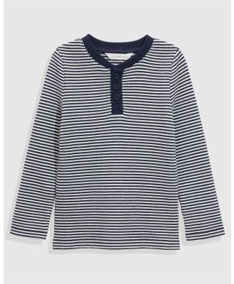 Country Road - Organically Grown Cotton Stripe Waffle Henley - T-Shirts & Singlets (Navy) Organically Grown Cotton Stripe Waffle Henley