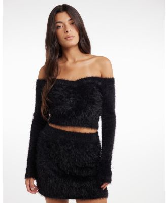 Dazie - Love Birds Long Sleeve Off Shoulder Fluffy Knit Top - Tops (Black) Love Birds Long Sleeve Off Shoulder Fluffy Knit Top