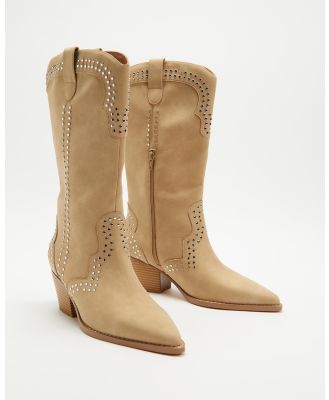 Dazie - Manon Studded Western Cowboy Boots - Boots (Beige Suede Studs) Manon Studded Western Cowboy Boots