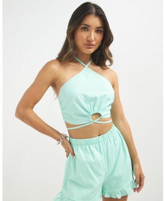 Dazie - Playful Ties Linen Blend Halter Top - Cropped tops (Aqua) Playful Ties Linen Blend Halter Top