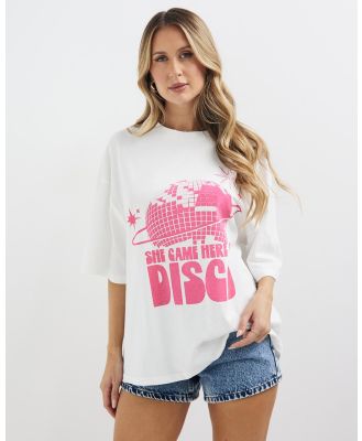 Dazie - She Came Graphic Here To Disco Oversized Tee - T-Shirts & Singlets (White & Pink) She Came Graphic Here To Disco Oversized Tee