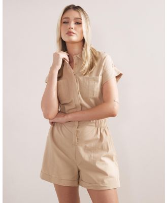 Dazie - Short Sleeve Button Up Jumpsuit - Jumpsuits & Playsuits (Sand) Short Sleeve Button Up Jumpsuit