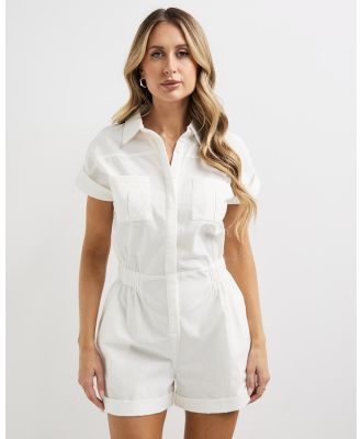 Dazie - Short Sleeve Linen Blend Button Up Jumpsuit - Jumpsuits & Playsuits (White) Short Sleeve Linen Blend Button Up Jumpsuit