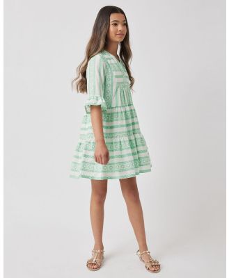 Decjuba Kids - Frankie Embroidered Dress   Teens - Dresses (White & Shamrock Green) Frankie Embroidered Dress - Teens