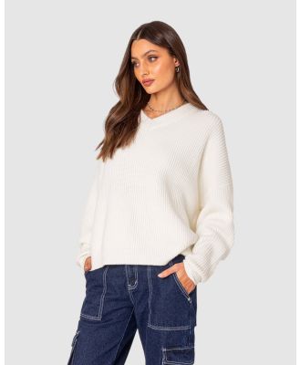 EDIKTED - Denny Oversized V Neck Sweater - Sweats (WHITE) Denny Oversized V Neck Sweater