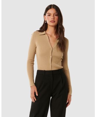 Forever New - Marlowe Button Through Polo Knit Top - Jumpers & Cardigans (brown) Marlowe Button Through Polo Knit Top