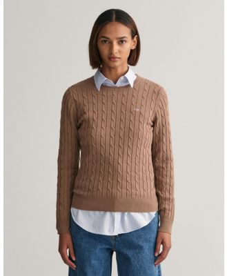 Gant - Stretch Cotton Cable Knit Crew Neck Sweater - Jumpers & Cardigans (MOLE BROWN) Stretch Cotton Cable Knit Crew Neck Sweater