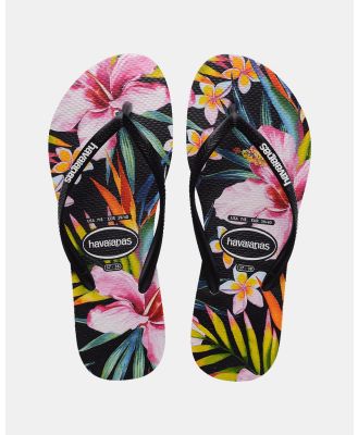 Havaianas - Slim Floral Palm Print Thongs - Slippers & Accessories (Black / Black) Slim Floral Palm Print Thongs