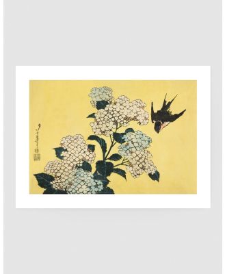 Inka Arthouse - Hydrangea & Swallow by Hokusai Art Print - Home (Yellow) Hydrangea & Swallow by Hokusai Art Print