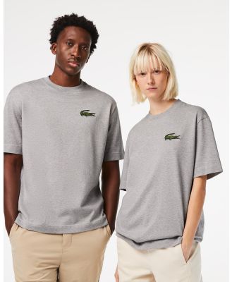 Lacoste - Unisex Loose Fit Large Crocodile Organic Cotton T Shirt - Short Sleeve T-Shirts (GREY) Unisex Loose Fit Large Crocodile Organic Cotton T-Shirt