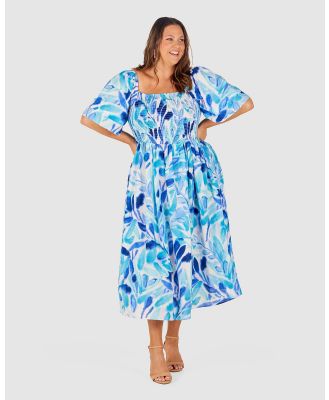 Love Your Wardrobe - Kaia Shirred Bodice Dress - Dresses (Blues Print) Kaia Shirred Bodice Dress