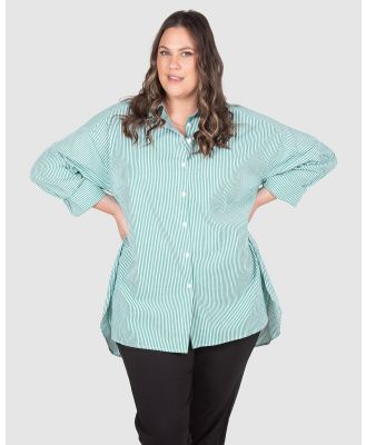 Love Your Wardrobe - Leah Stripe Curved Hem Over Shirt - Casual shirts (Green & White) Leah Stripe Curved Hem Over Shirt