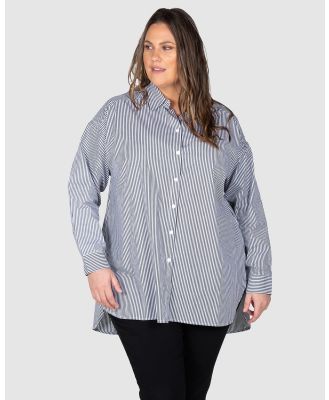 Love Your Wardrobe - Leah Stripe Curved Hem Over Shirt - Shirts & Polos (Black/White) Leah Stripe Curved Hem Over Shirt