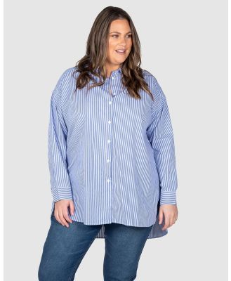 Love Your Wardrobe - Leah Stripe Curved Hem Over Shirt - Shirts & Polos (Indigo/White) Leah Stripe Curved Hem Over Shirt