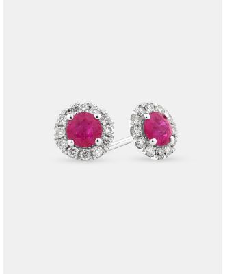 Michael Hill - Halo Stud Earrings with Natural Ruby & 0.28 Carat TW of Diamonds in 10kt White Gold - Jewellery (White) Halo Stud Earrings with Natural Ruby & 0.28 Carat TW of Diamonds in 10kt White Gold