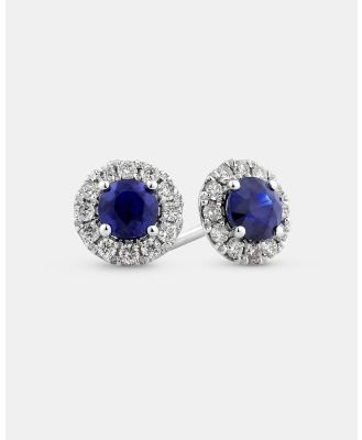 Michael Hill - Halo Stud Earrings with Sapphire & 0.28 Carat TW of Diamonds in 10kt White Gold - Jewellery (White) Halo Stud Earrings with Sapphire & 0.28 Carat TW of Diamonds in 10kt White Gold