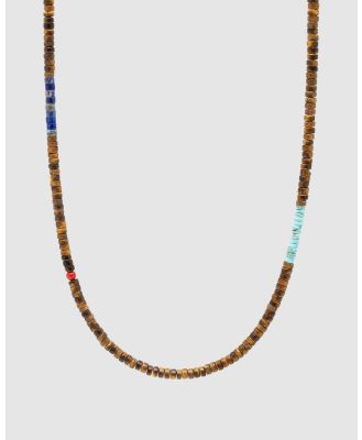 Nialaya Jewellery - Brown Tiger Eye Heishi Necklace with Blue Lapis and Turquoise - Jewellery (Brown) Brown Tiger Eye Heishi Necklace with Blue Lapis and Turquoise