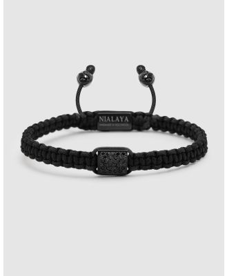 Nialaya Jewellery - Men's Black String Bracelet With Black CZ Flatbead - Jewellery (Black) Men's Black String Bracelet With Black CZ Flatbead