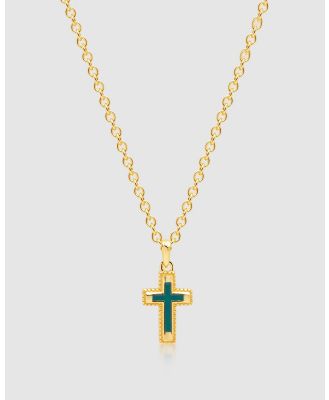 Nialaya Jewellery - Men's Sterling Silver Gold Plated Mini Cross Necklace with Green Enamel - Jewellery (gold) Men's Sterling Silver Gold Plated Mini Cross Necklace with Green Enamel