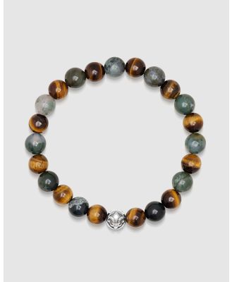 Nialaya Jewellery - Men's Wristband with Aquatic Agate, Brown Tiger Eye and Silver - Jewellery (Brown) Men's Wristband with Aquatic Agate, Brown Tiger Eye and Silver