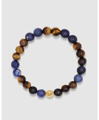 Nialaya Jewellery - Men's Wristband with Blue Dumortierite, Brown Tiger Eye and Gold - Jewellery (Blue Dumortierite & Brown Tiger Eye) Men's Wristband with Blue Dumortierite, Brown Tiger Eye and Gold