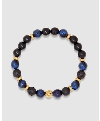 Nialaya Jewellery - Men's Wristband with Blue Tiger Eye, Black Agate, Lava Stone and Gold - Jewellery (Blue) Men's Wristband with Blue Tiger Eye, Black Agate, Lava Stone and Gold