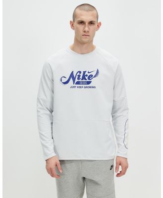 Nike - Dri FIT Fleece Fitness Crew Neck LS T Shirt - Long Sleeve T-Shirts (Photon Dust, Photon Dust & Deep Royal Blue) Dri-FIT Fleece Fitness Crew Neck LS T-Shirt