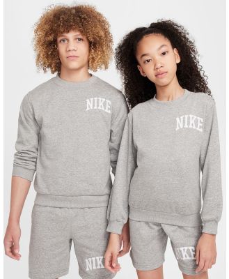 Nike - French Terry Crewneck Sweatshirt   Kids Teens - Sweats (Dark Grey Heather & White) French Terry Crewneck Sweatshirt - Kids-Teens