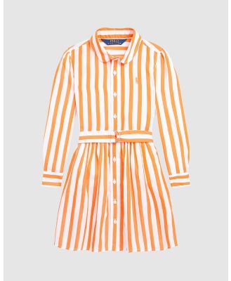 Polo Ralph Lauren - Striped Cotton Poplin Belted Shirtdress   Kids - Dresses (Orange & White) Striped Cotton Poplin Belted Shirtdress - Kids