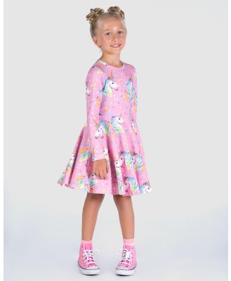 Rock Your Kid - Dotty Unicorn Waisted Dress – Kids - Printed Dresses (Pink) Dotty Unicorn Waisted Dress – Kids
