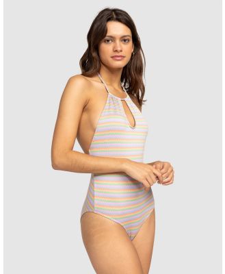 Roxy - Wavy Stripe   Halter Neck One Piece Swimsuit For Women - One-Piece / Swimsuit (PAPAYA WAVY STRIPE S) Wavy Stripe   Halter Neck One Piece Swimsuit For Women