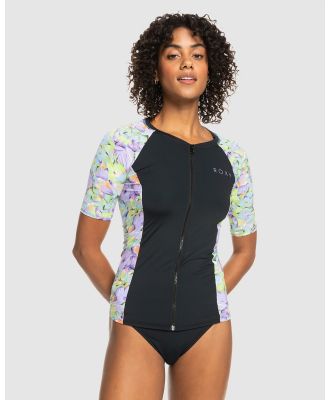 Roxy - Womens New Lycra Short Sleeve Zip Up Rash Vest - Swimwear (PURPLE ROSE BLUMEN) Womens New Lycra Short Sleeve Zip Up Rash Vest