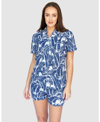 Sant And Abel - Martinique® Blue Banana Leaf Short Sleeve Shirt + Boxer Set - Sleepwear (Navy) Martinique® Blue Banana Leaf Short Sleeve Shirt + Boxer Set