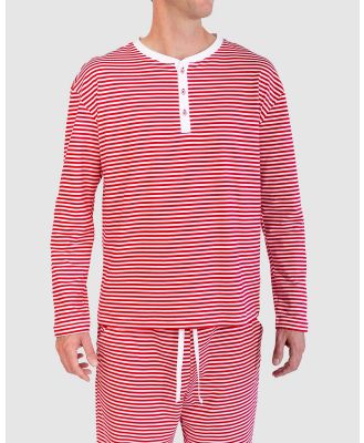 Sant And Abel - Men's Jersey Red Stripe Henley Top - Sleepwear (Blue) Men's Jersey Red Stripe Henley Top