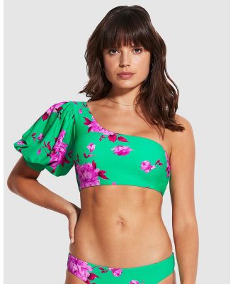 Seafolly - Full Bloom One Shoulder With Puff Sleeve - Bikini Tops (Jade) Full Bloom One Shoulder With Puff Sleeve
