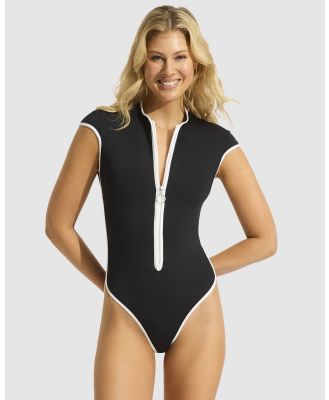 Seafolly - Seafolly Collective Cap Sleeve Zip Front One Piece - One-Piece / Swimsuit (Black) Seafolly Collective Cap Sleeve Zip Front One Piece