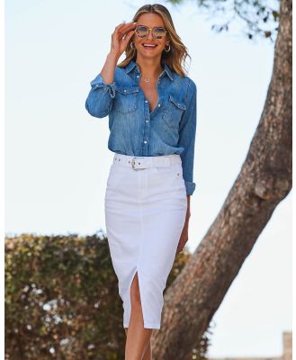 Sosandar - Buckle Belt Denim Midi Skirt - Denim skirts (White) Buckle Belt Denim Midi Skirt