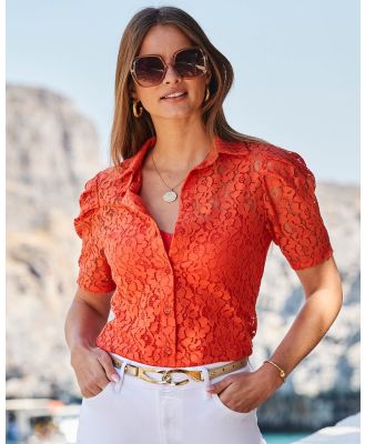 Sosandar - Short Puff Sleeve Lace Shirt - Shirts & Polos (Coral) Short Puff Sleeve Lace Shirt