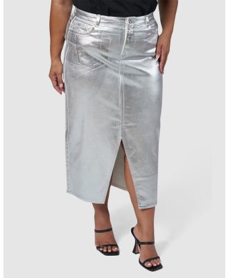 Sunday In The City - Peaches Silver Denim Midi Skirt - Denim skirts (Silver) Peaches Silver Denim Midi Skirt