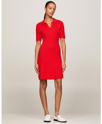 Tommy Hilfiger - Cable Knit Knee Length Polo Sweater Dress - Dresses (Fierce Red) Cable Knit Knee Length Polo Sweater Dress