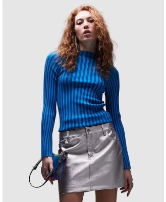 TOPSHOP - Knitted Funnel Stripe Long Sleeve Top - Tops (Blue) Knitted Funnel Stripe Long Sleeve Top