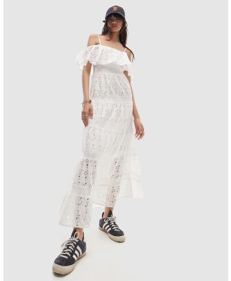 TOPSHOP - Strappy Broderie Maxi Dress With Frill Neck - Dresses (Ivory) Strappy Broderie Maxi Dress With Frill Neck