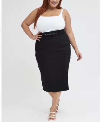 You & All - Black Tailored Work Pencil With Attached Belt Midi Skirt - Skirts (Black) Black Tailored Work Pencil With Attached Belt Midi Skirt