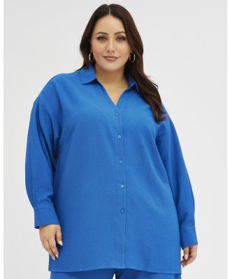 You & All - Blue Textured Shirt Crinkle Button Through Oversized - Tops (Blue) Blue Textured Shirt Crinkle Button Through Oversized
