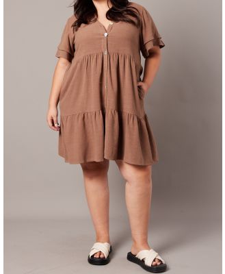 You & All - Brown Button Frill Slv Dress - Dresses (Brown) Brown Button Frill Slv Dress