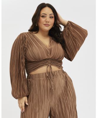 You & All - Brown Crop Top Long Sleeve Ruched Plisse - Tops (Brown) Brown Crop Top Long Sleeve Ruched Plisse