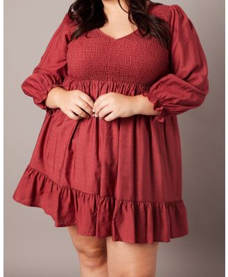 You & All - Brown V Neck Shirred Long Sleeve  Mini Dress - Dresses (Red) Brown V Neck Shirred Long Sleeve  Mini Dress