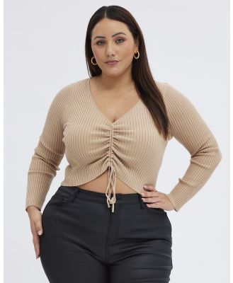 You & All - Camel Knit Top V neck Long Sleeve Front Ruched - Tops (Nude) Camel Knit Top V-neck Long Sleeve Front Ruched