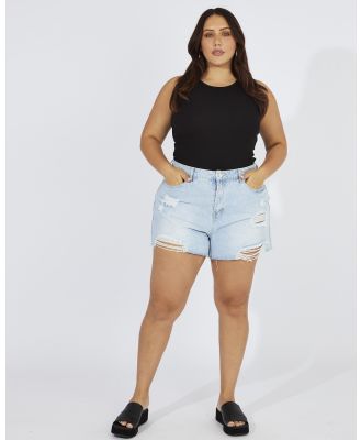 You & All - Denim Relaxed Shorts High Rise Distressed Hem - Denim (Blue) Denim Relaxed Shorts High Rise Distressed Hem
